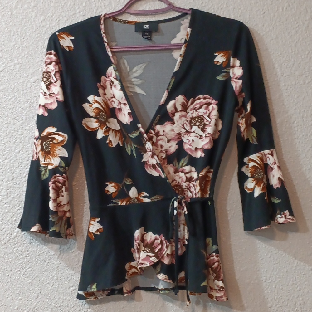 Iz Byer Floral Wrap Blouse - Black and Pink,  Ladies X-Small,  Black Floral Top